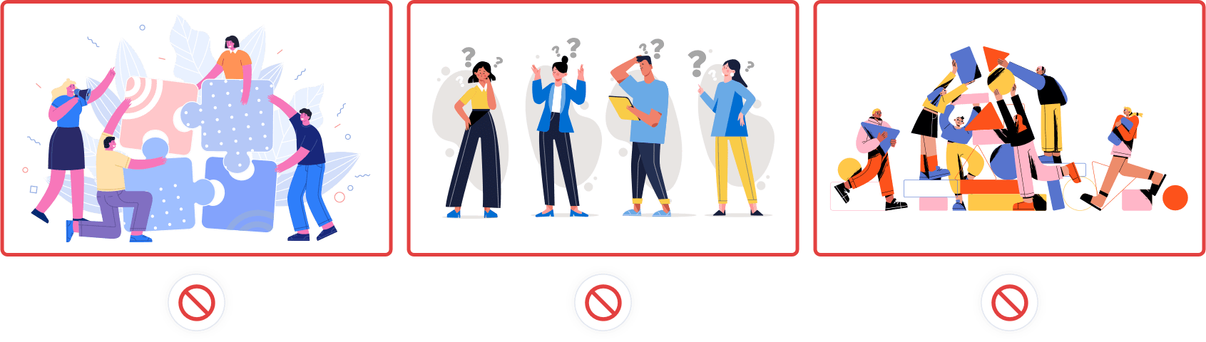 Three illustrations in a corporate Memphis art style: the first shows people assembling large puzzle pieces, the second shows individuals with confused expressions and question marks above their heads, and the third shows a group of people stacking various geometric shapes.