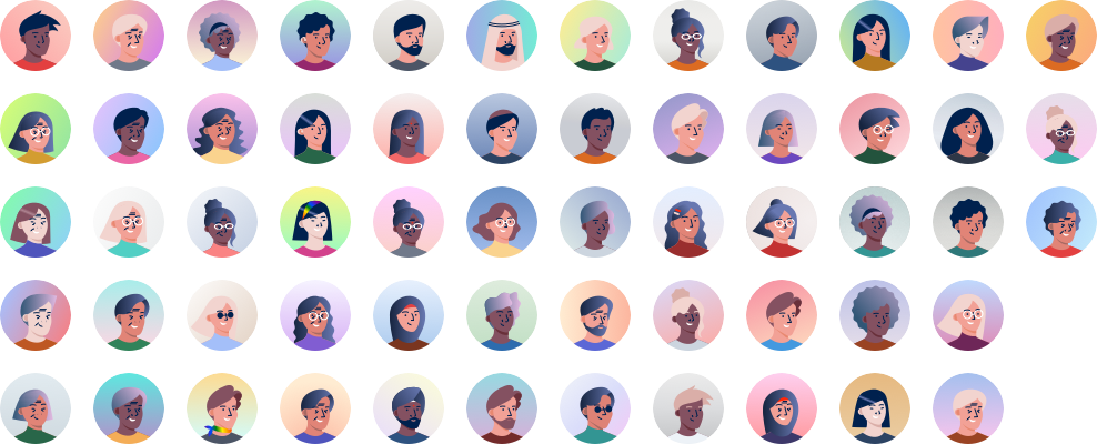 Illustrations of people's faces each enclosed in coloured circular frames. The faces show diverse ages, genders and ethnicities.