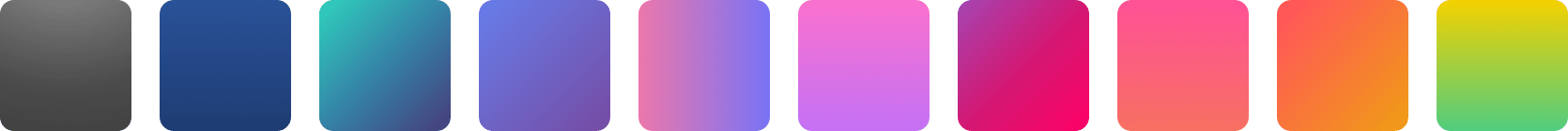 A horizontal row of ten rounded rectangles displaying a range of bold, saturated gradients